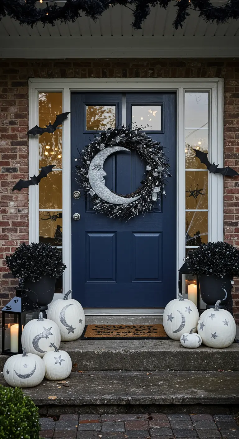 Décoration de porte sur le thème de la lune et des étoiles avec des citrouilles blanches pailletées.