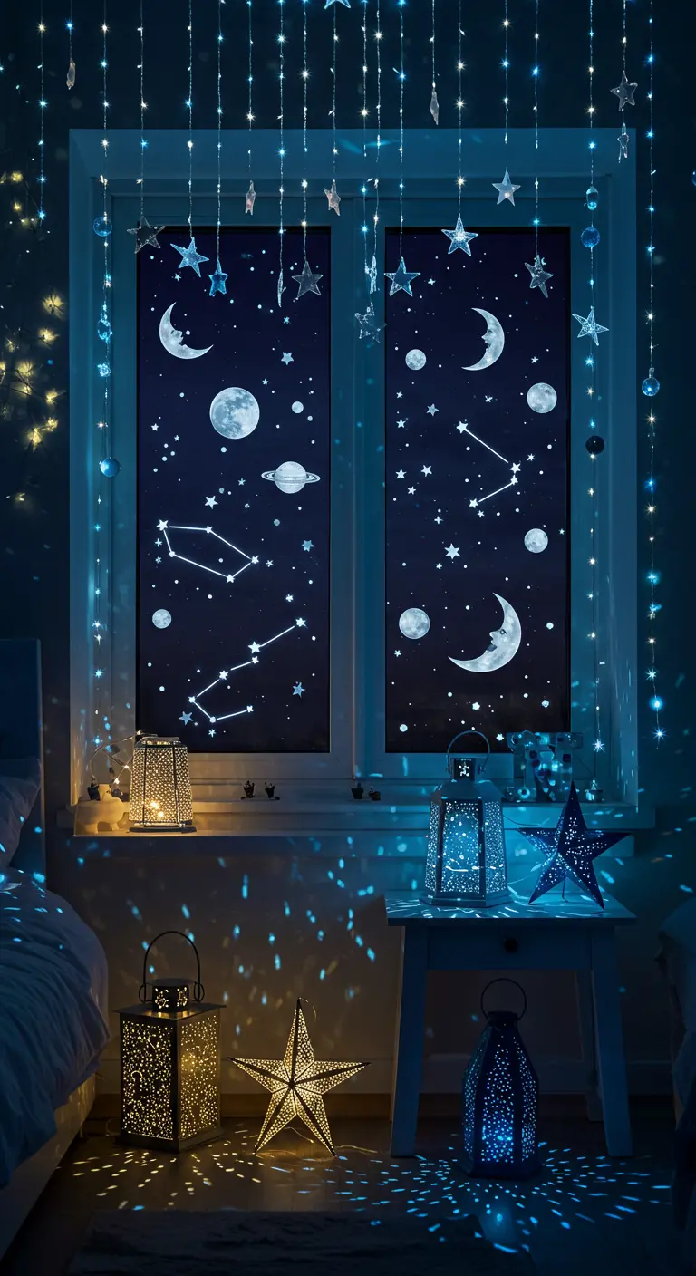 Fenêtre de chambre décorée sur le thème de l'espace avec des lumières bleues et des lanternes.