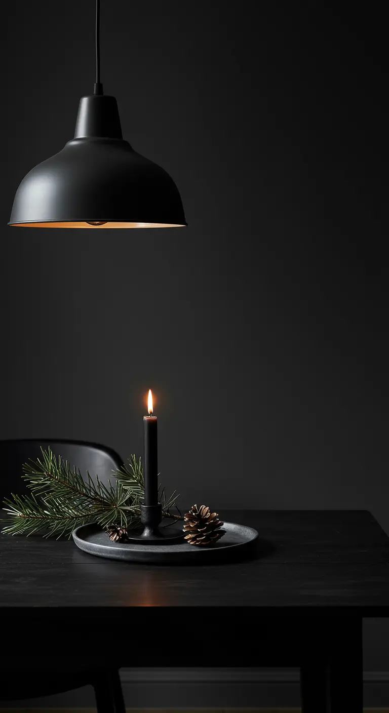 Composition de Noël minimaliste avec bougie noire, branches de sapin et pomme de pin.