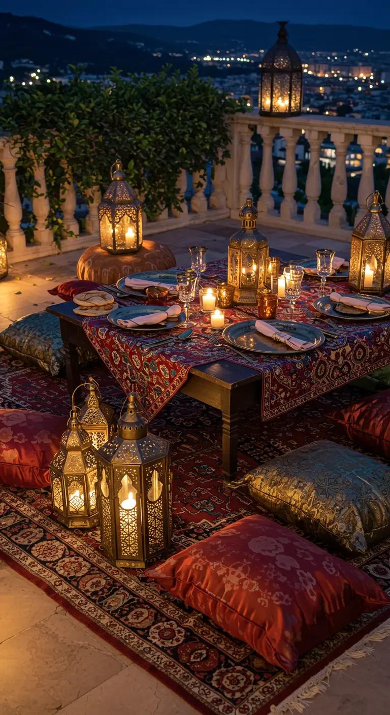 Ambiance orientale sur une terrasse avec table basse, tapis, coussins et lanternes.