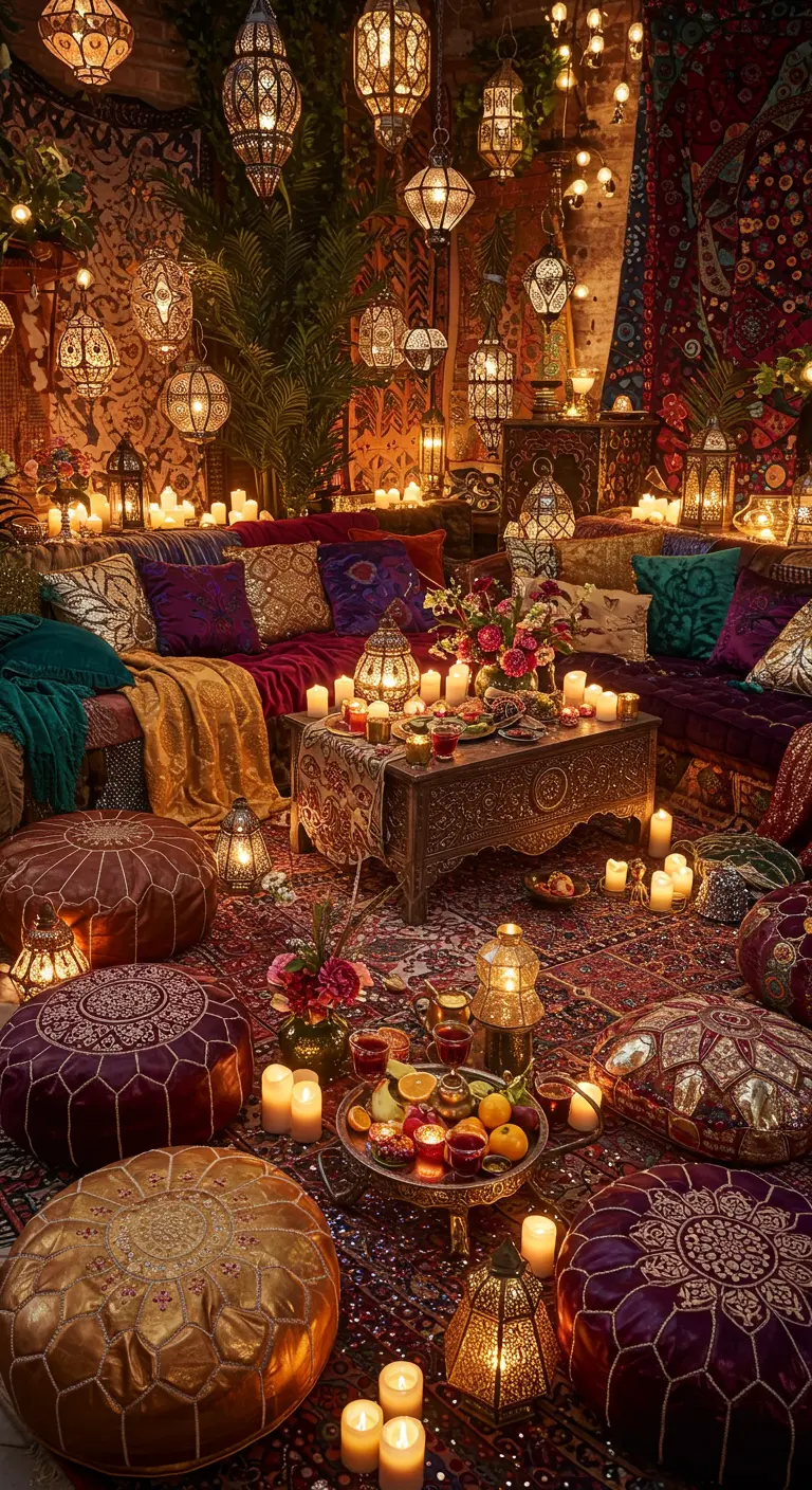 Un salon aux allures orientales avec de nombreuses lanternes, des poufs colorés et des coussins brodés.