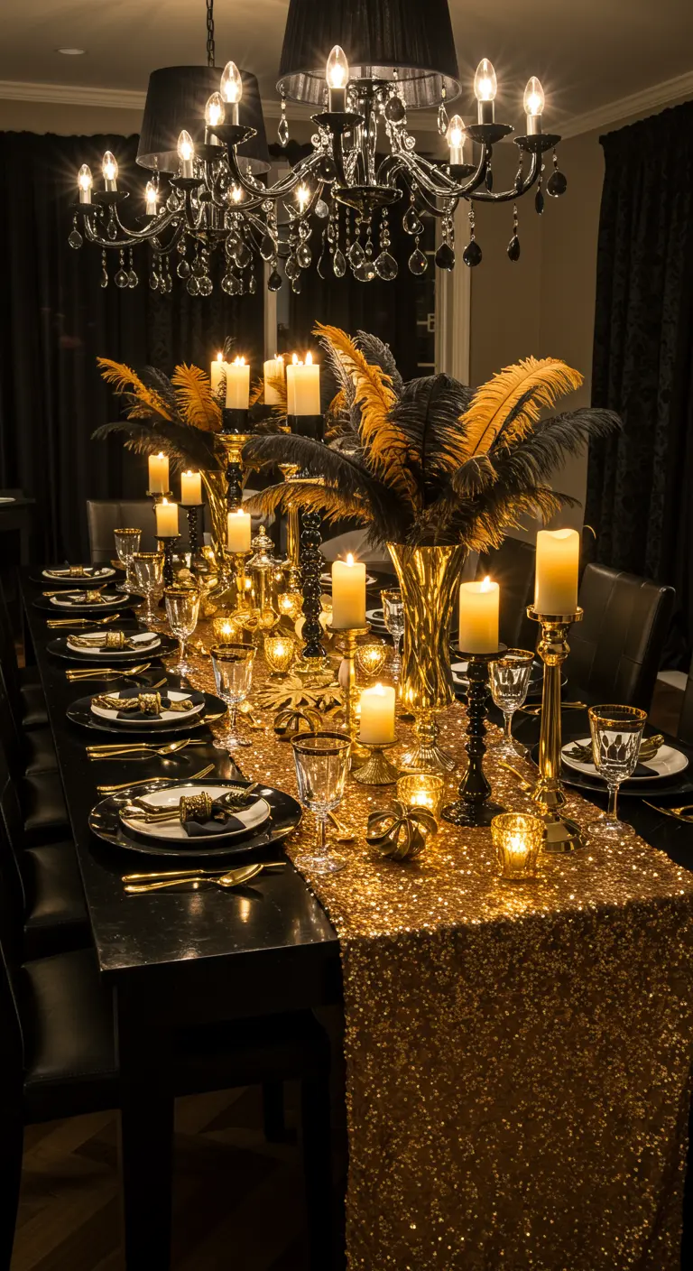 Table de fête noire et or avec un chemin de table à sequins et des centres de table à plumes.