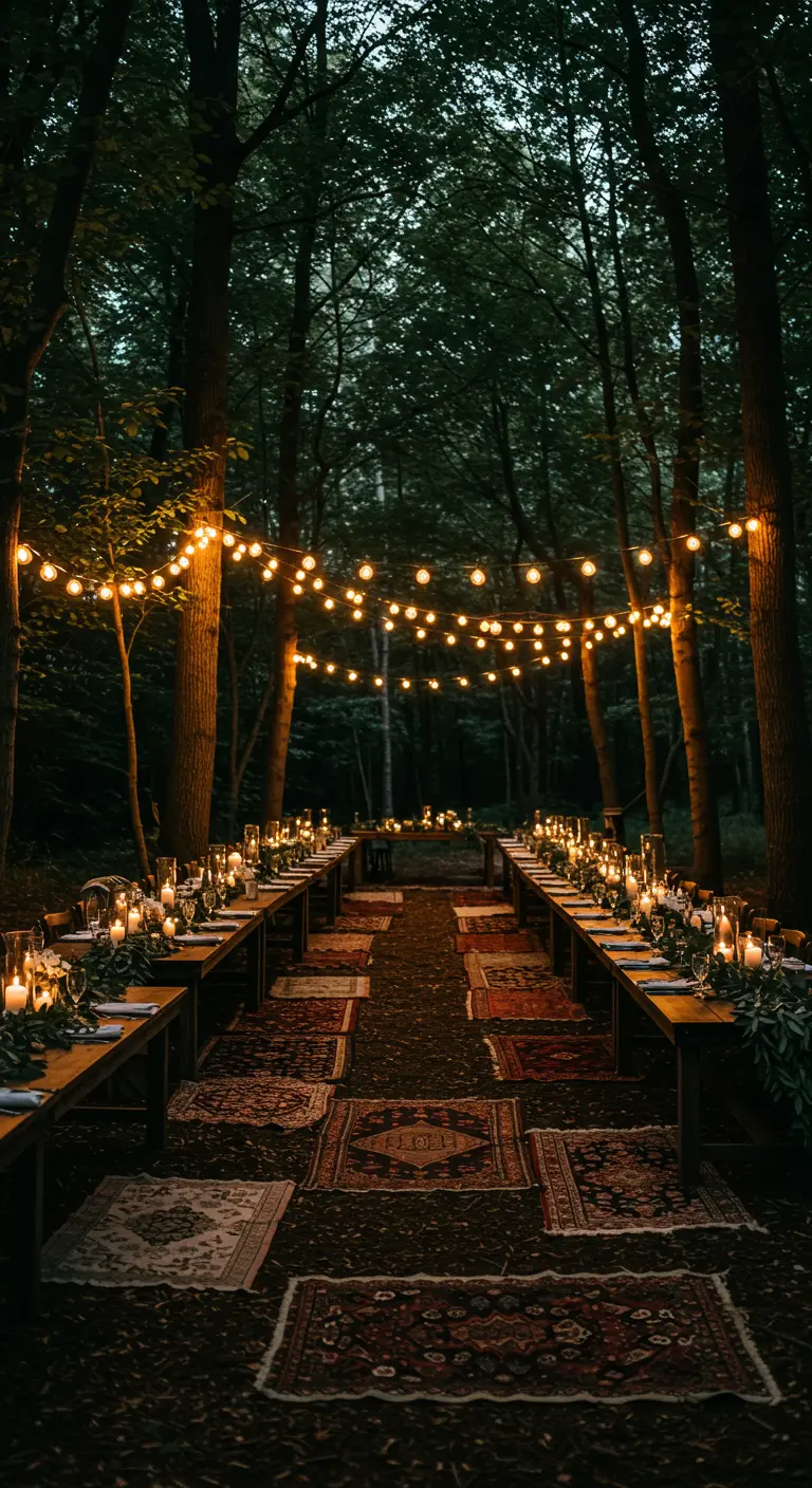 Réception de mariage bohème en forêt la nuit avec longues tables en bois, guirlandes lumineuses, bougies et tapis orientaux.