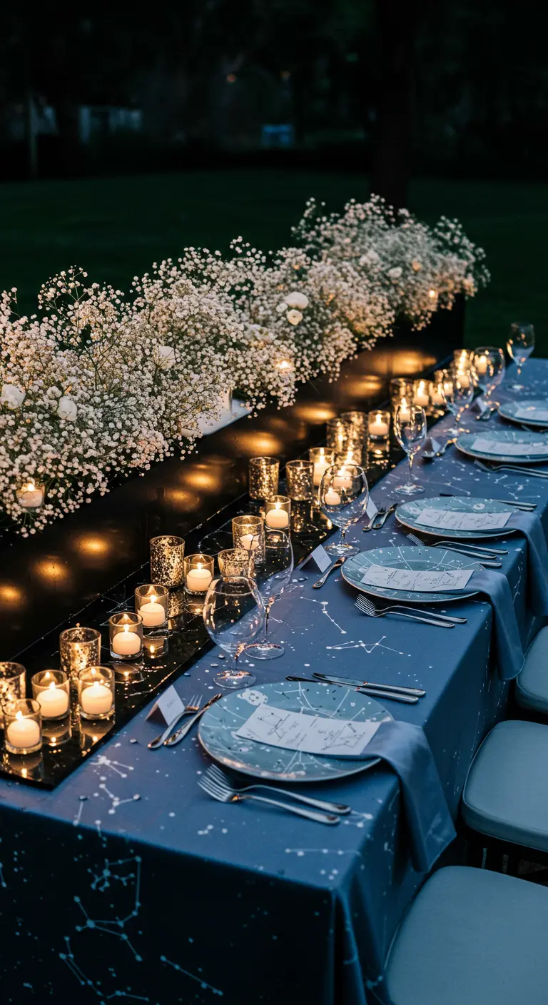 Table de mariage thème constellation avec nappe bleue et nuage de gypsophile.