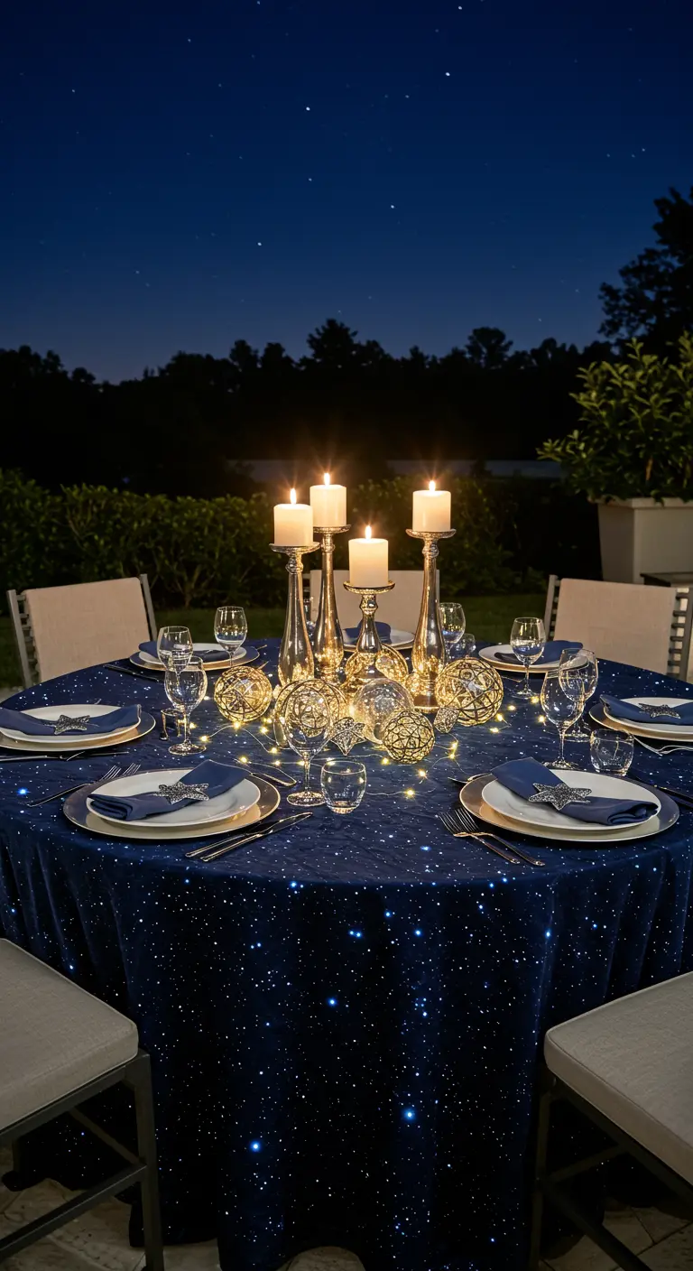 Table ronde avec nappe bleu nuit étoilée, bougeoirs argentés et sphères lumineuses, sous un ciel nocturne.