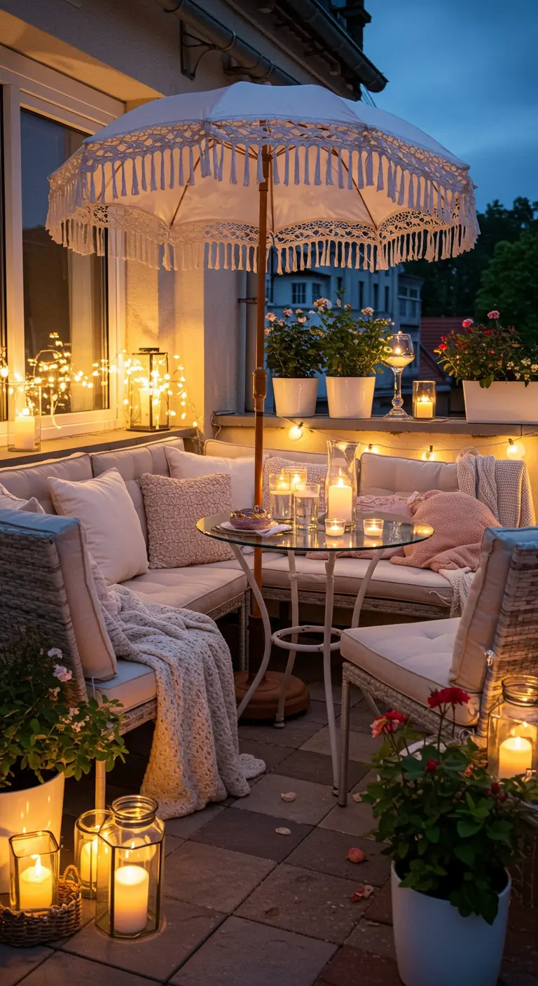 Balcon cosy en soirée avec parasol blanc à franges, canapé et nombreuses bougies.