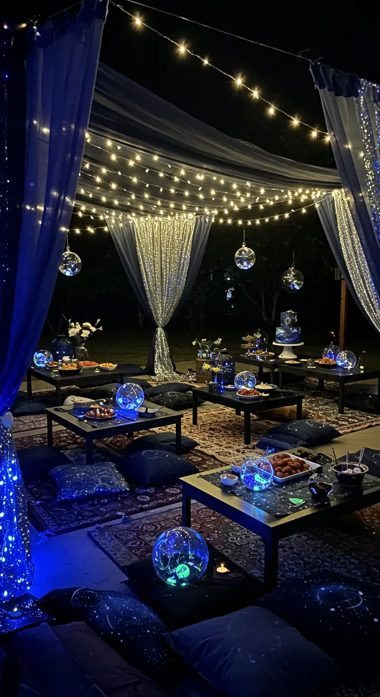 Fête nocturne avec tente sombre, guirlandes lumineuses, boules disco et coussins.