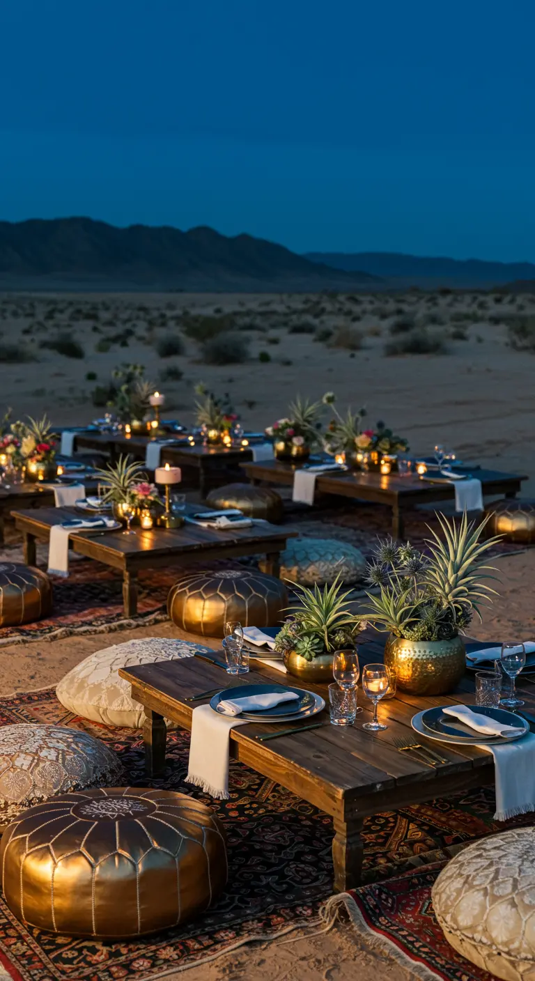 Tables basses dans le désert la nuit, décorées de plantes grasses et de lanternes.