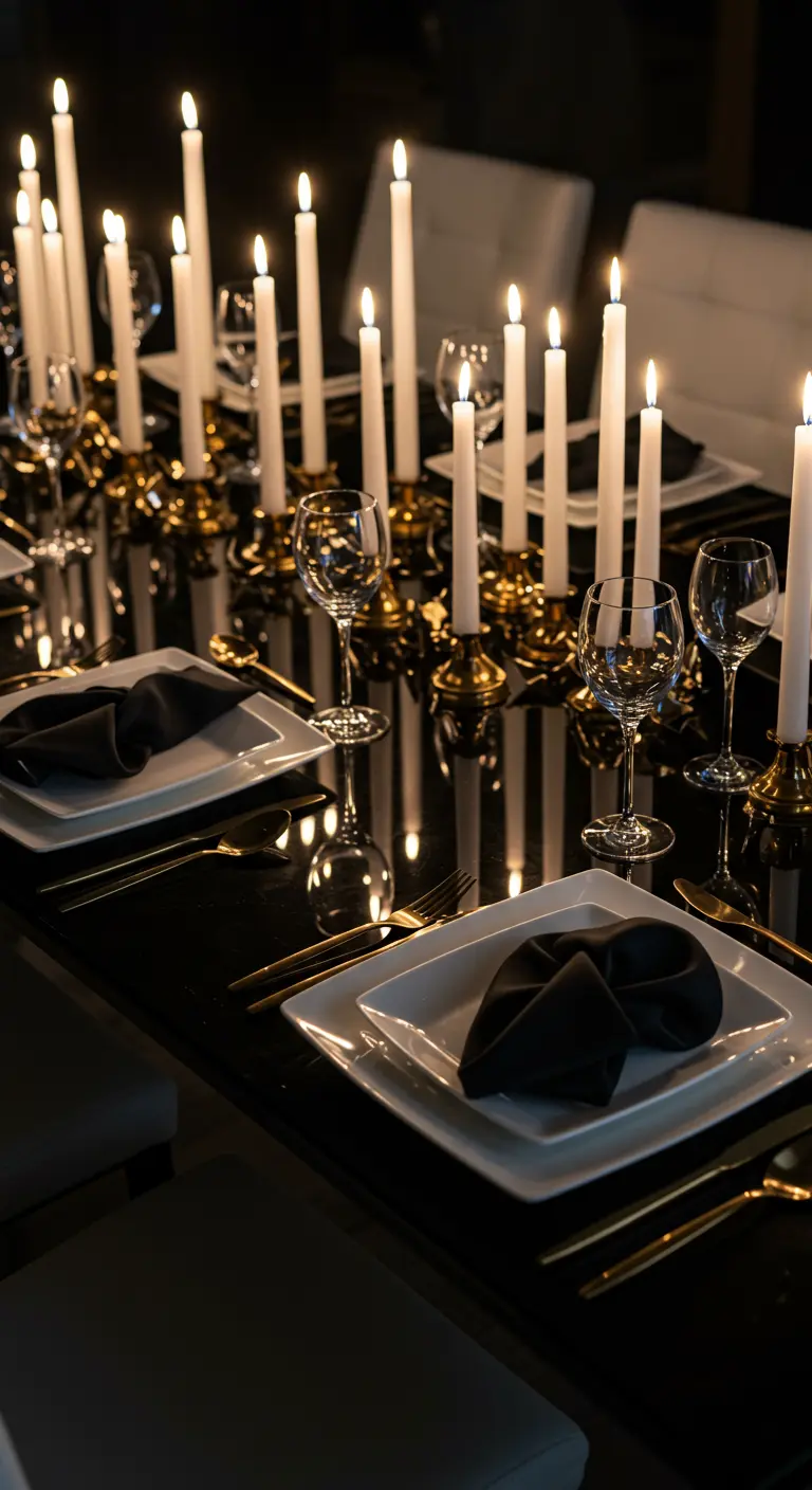Table de dîner chic, noir et or, illuminée par de nombreuses bougies.