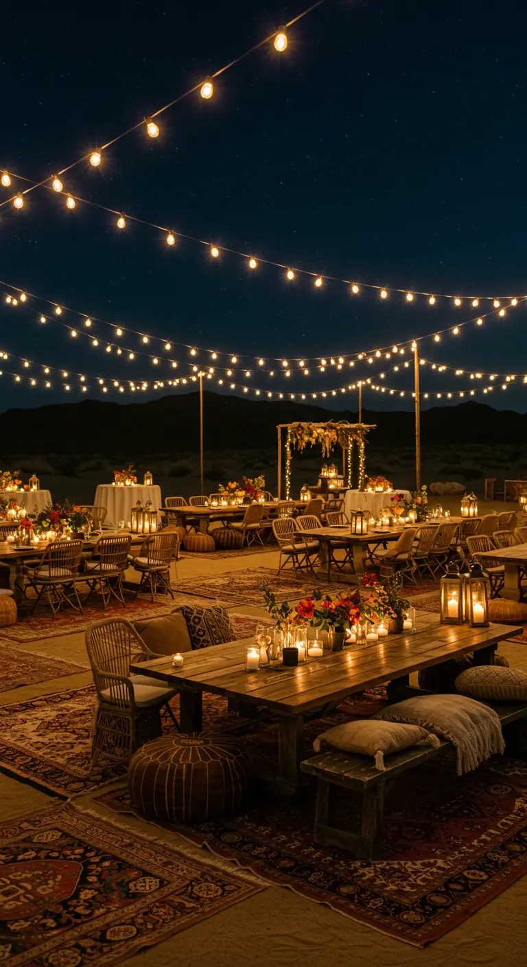 Réception de mariage bohème dans le désert la nuit avec tables, coussins, tapis, bougies, lanternes et guirlandes lumineuses.