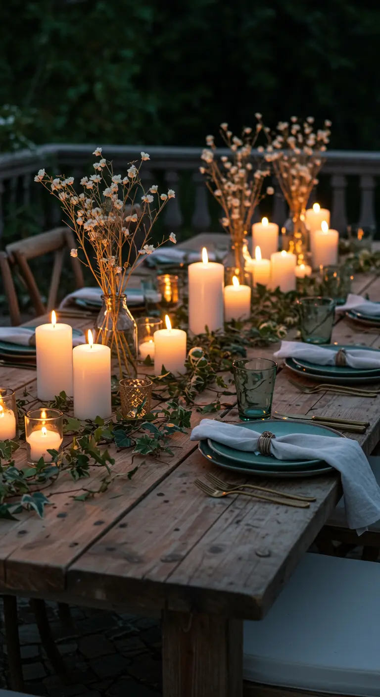 Table en bois en extérieur, lierre rampant, multitudes de bougies blanches et bouquets de gypsophile.