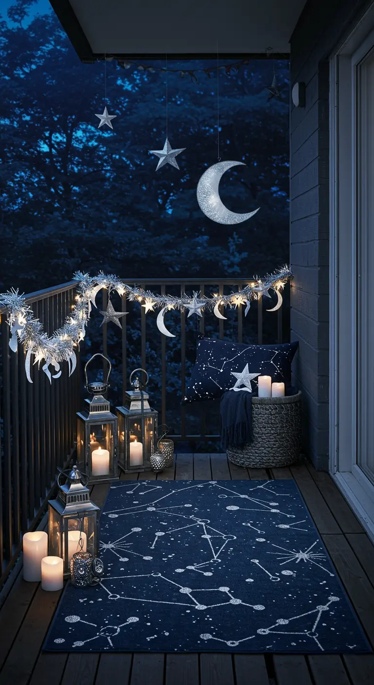 Balcon décoré sur le thème de la nuit avec des lunes, des étoiles et de nombreuses lanternes.