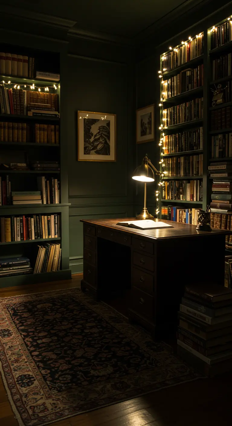 Bibliothèque sombre avec un bureau en bois, dont les étagères sont illuminées par des guirlandes.