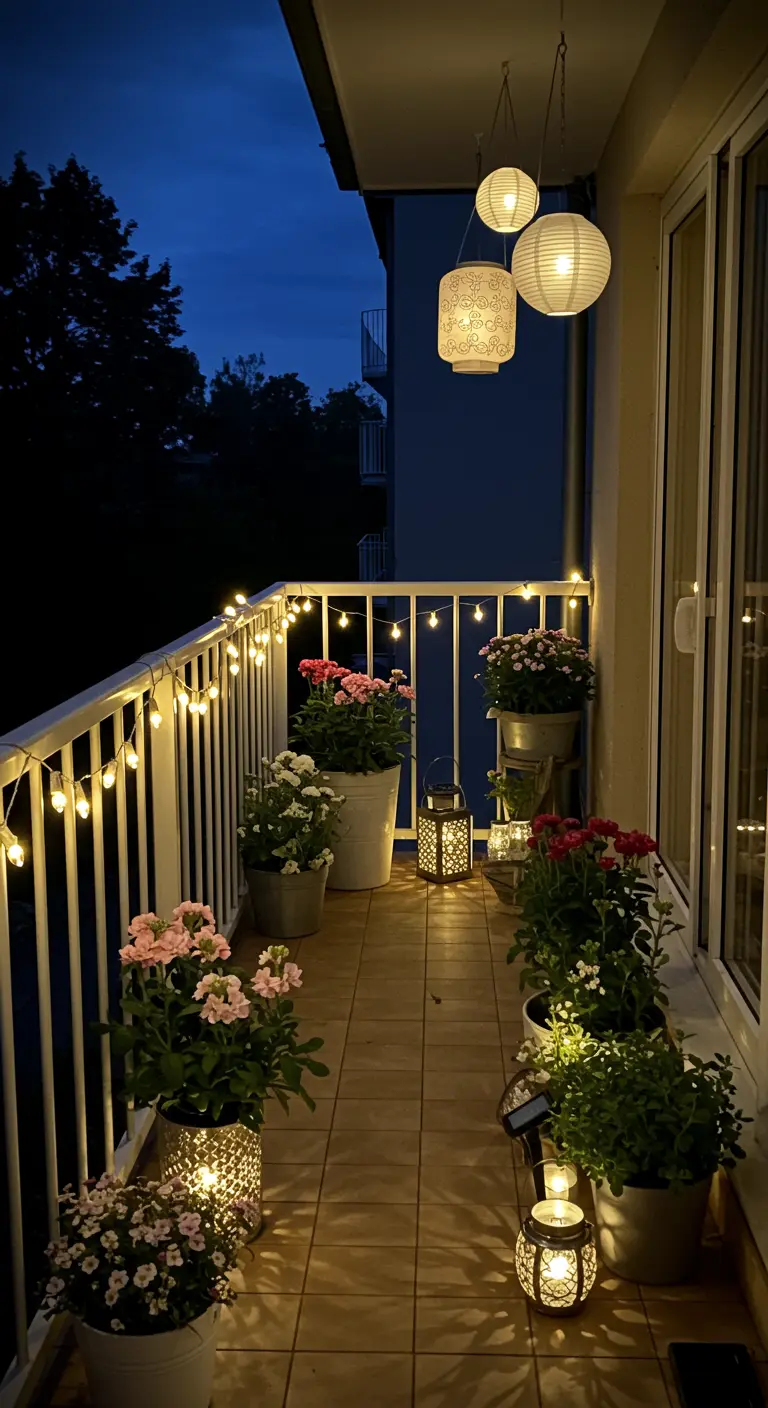 Balcon illuminé la nuit par des guirlandes lumineuses, des lampions en papier et des lanternes.