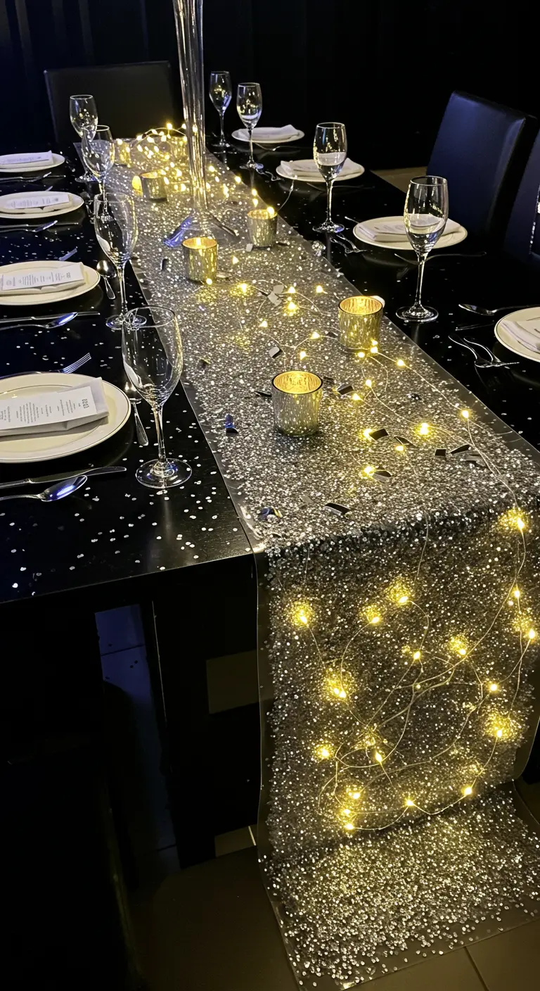 Table sombre avec chemin de table pailleté argenté illuminé par une guirlande lumineuse.