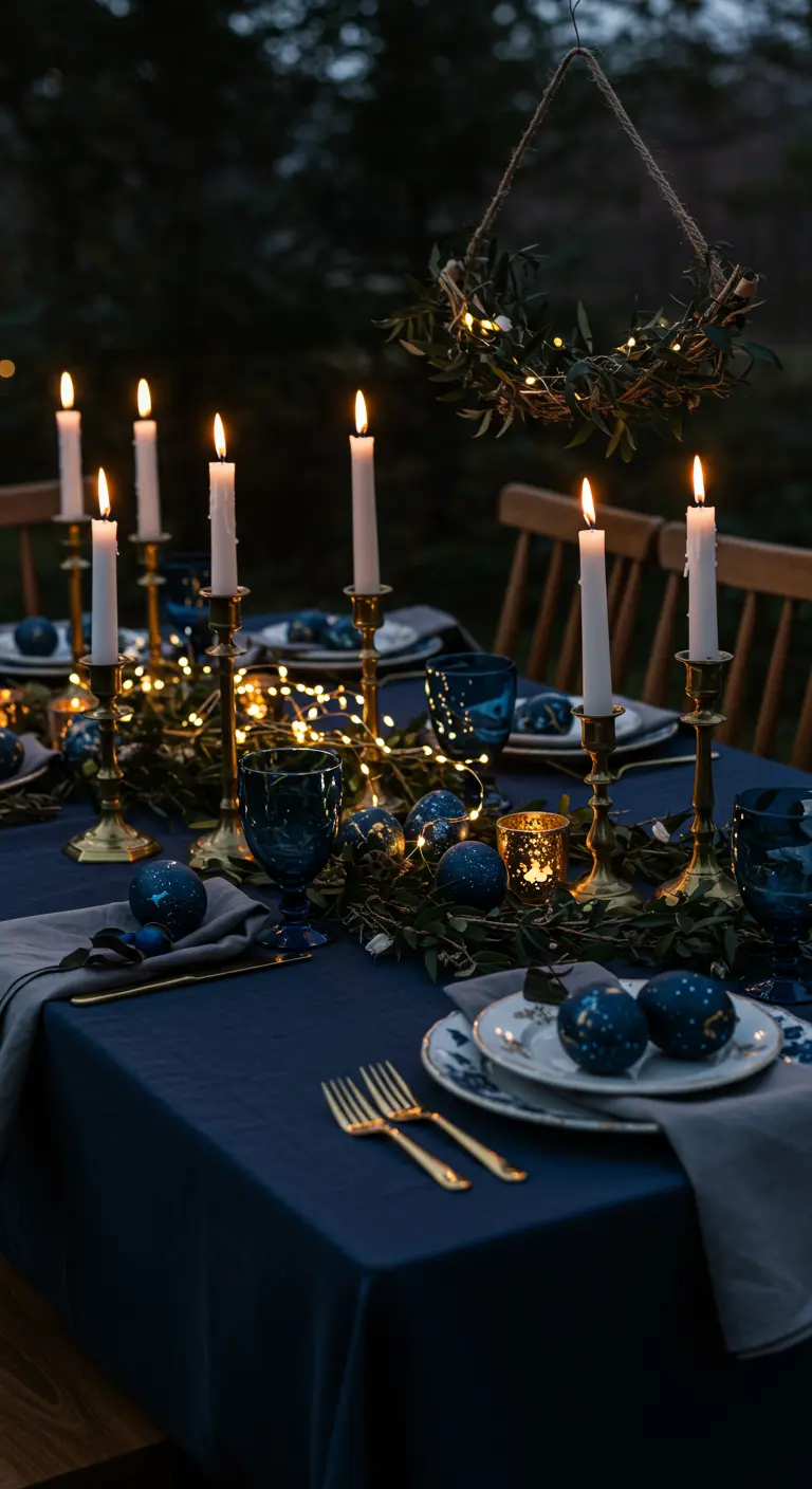 Table de Pâques nocturne avec nappe bleue, bougies et œufs bleu nuit étoilés.
