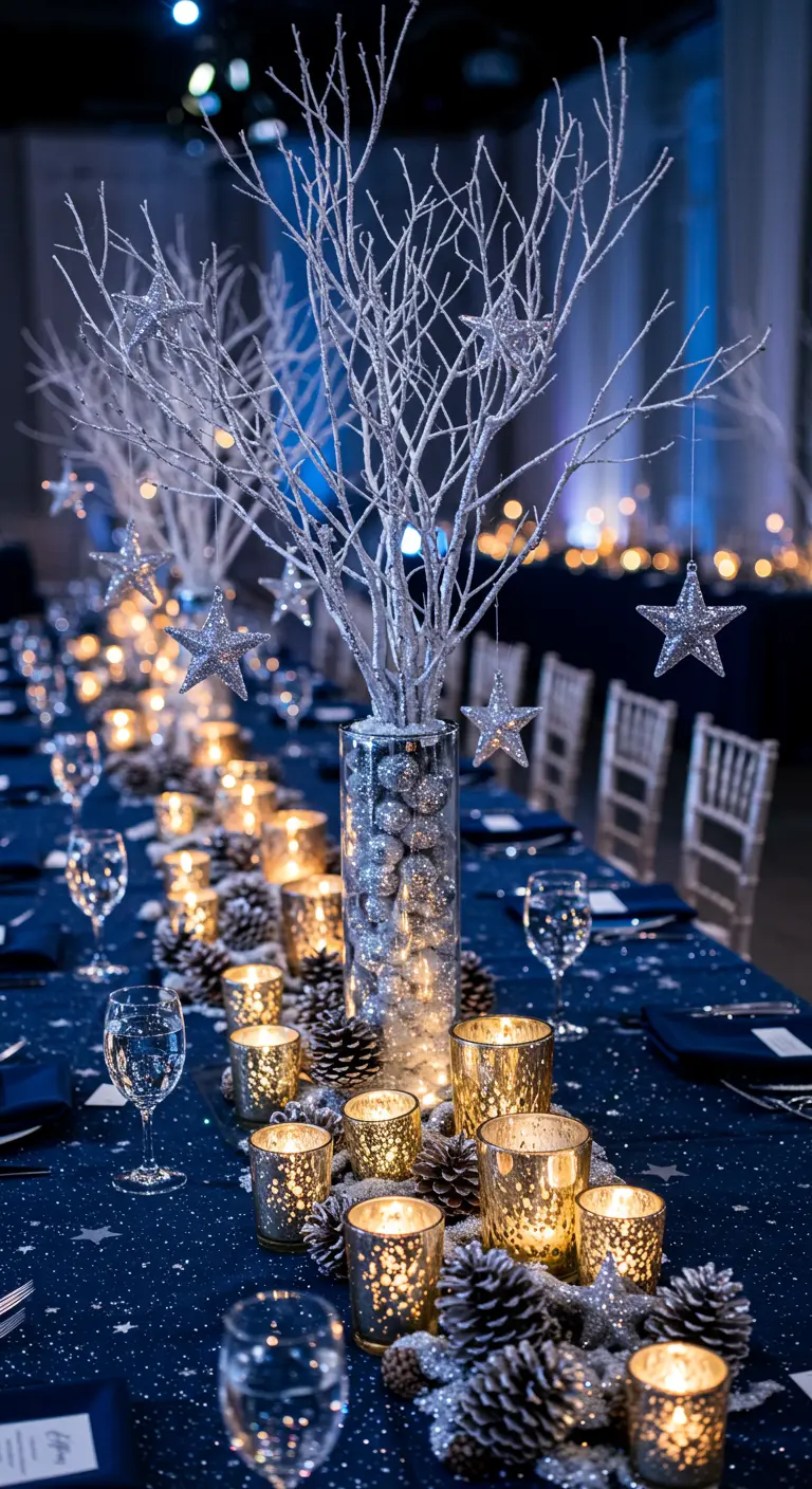 Table bleu nuit avec un vase de branches blanches, étoiles argentées et photophores.