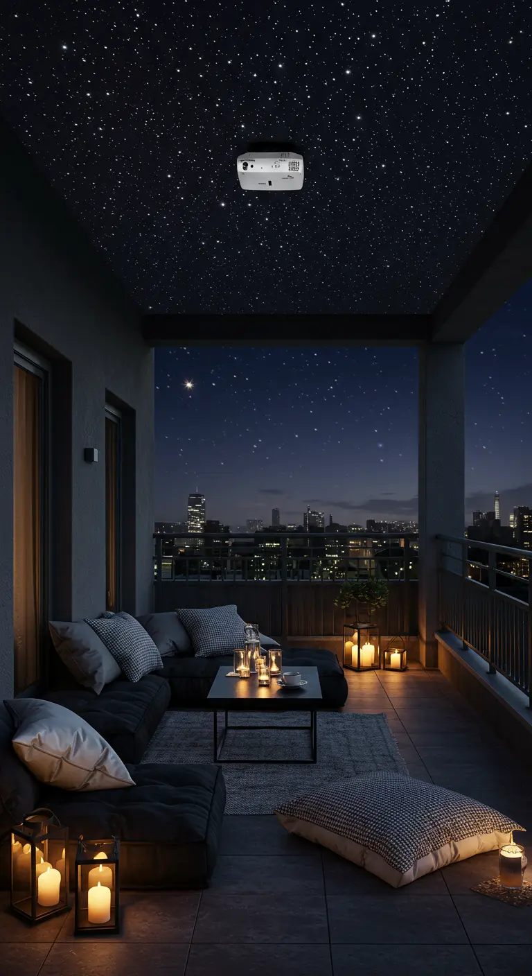 Balcon avec projecteur projetant un ciel étoilé au plafond, salon bas noir et lanternes.