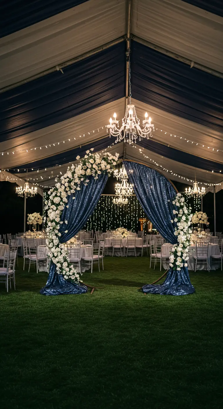 Arche de mariage sous tente avec tissu à paillettes bleu nuit, roses blanches, lustres et guirlandes lumineuses.