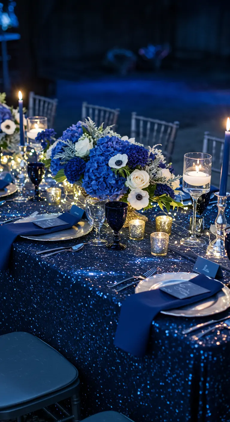 Table de soirée bleue et argentée avec fleurs et lumières LED.