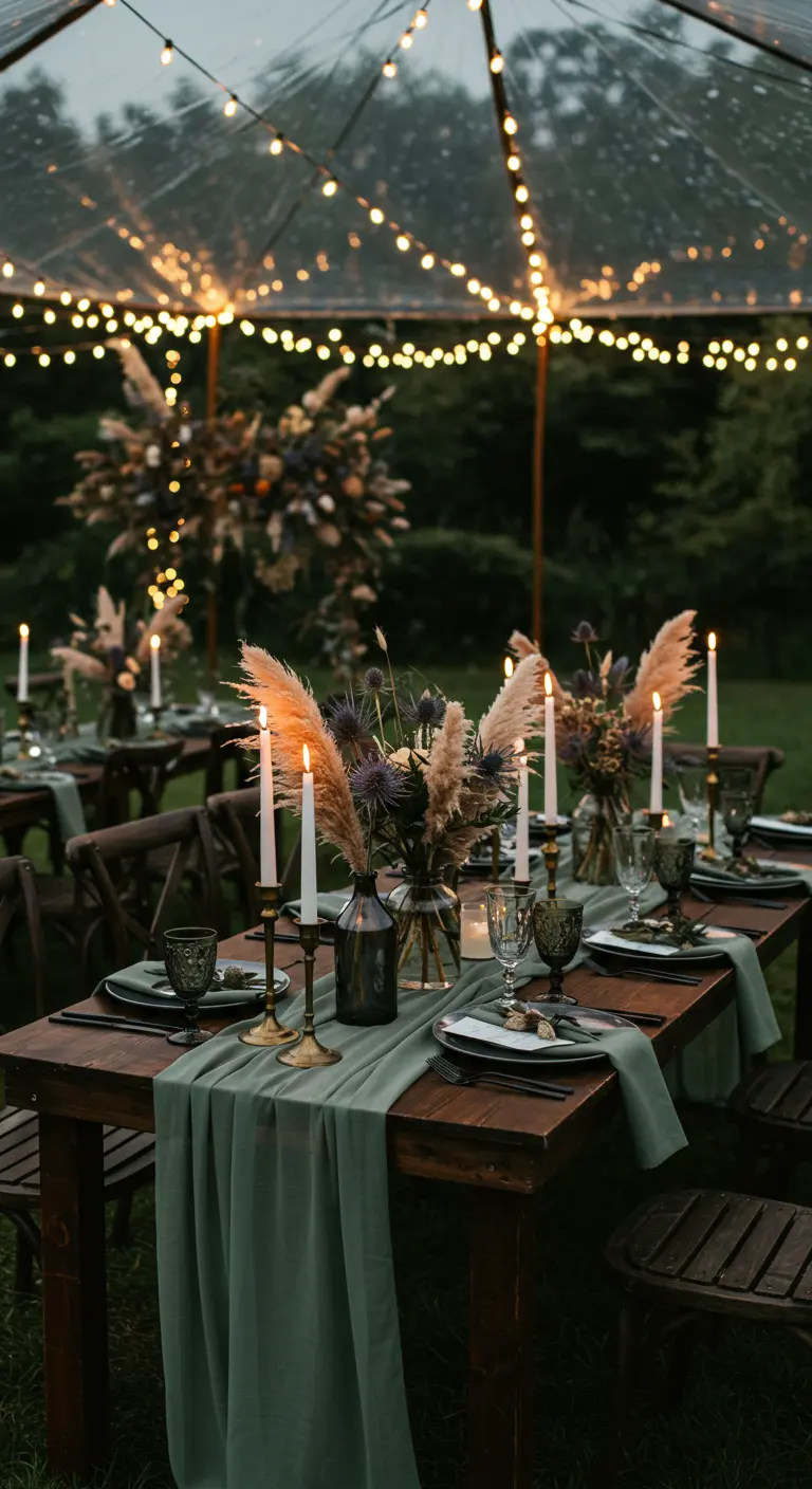 Table de mariage sous une tente illuminée, avec des bouquets de pampa et des bougies.