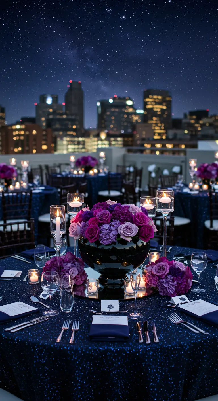 Centre de table avec des roses violettes sur une nappe à paillettes, vue sur la ville la nuit.