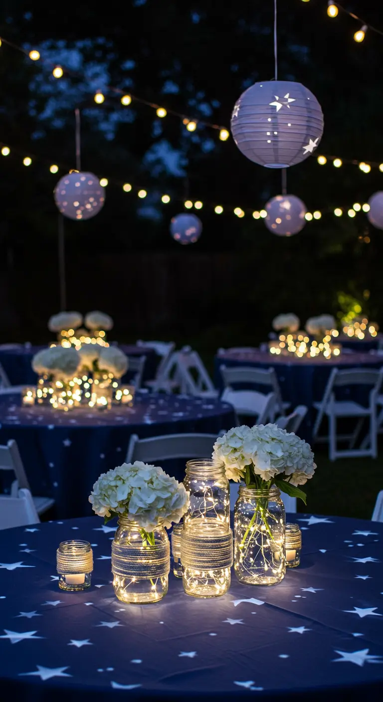 Table de réception de nuit avec nappe étoilée, bocaux lumineux et lampions célestes.