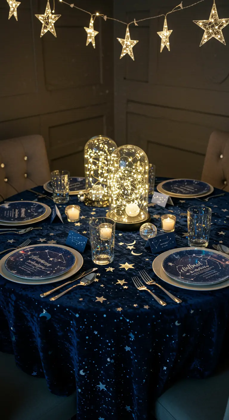 Table thème nuit étoilée avec nappe velours bleu, cloches lumineuses LED et vaisselle étoilée