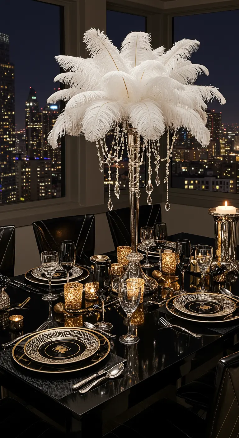 Table de soirée glamour avec un centre de table en plumes et une vaisselle noire et or.