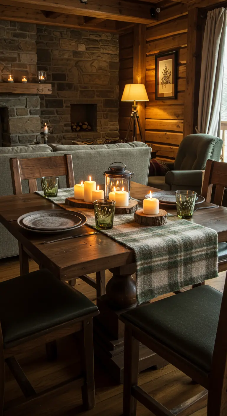 Chemin de table en plaid vert écossais, lanterne et bougies sur table en bois foncé