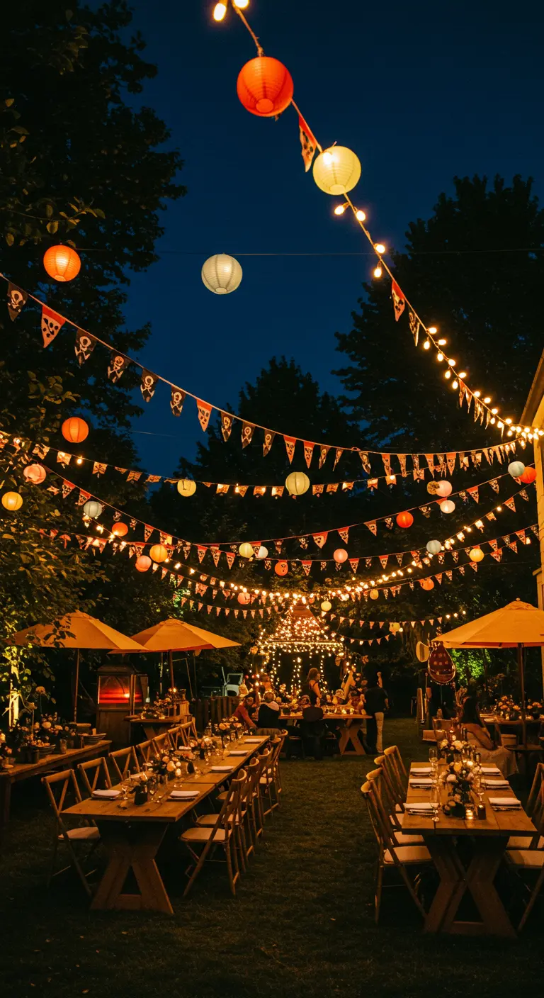 Fête de jardin nocturne avec de longues tables en bois sous des guirlandes lumineuses et des lampions.