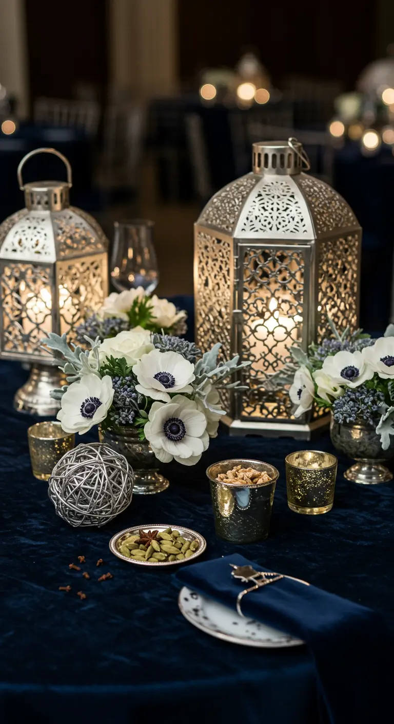Table bleu nuit avec lanternes argentées, anémones blanches et épices.