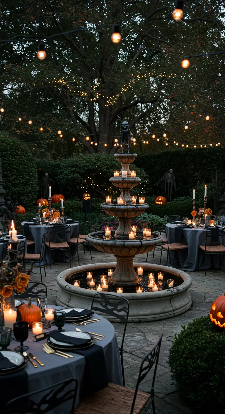 Soirée Halloween en extérieur avec fontaine illuminée de bougies et guirlandes.