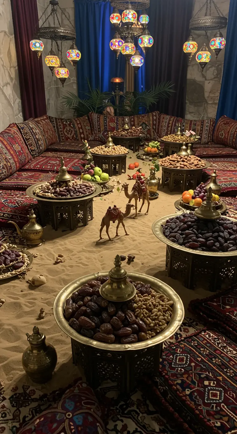 Scène de désert avec sable au sol, coussins, et plateaux de fruits secs.