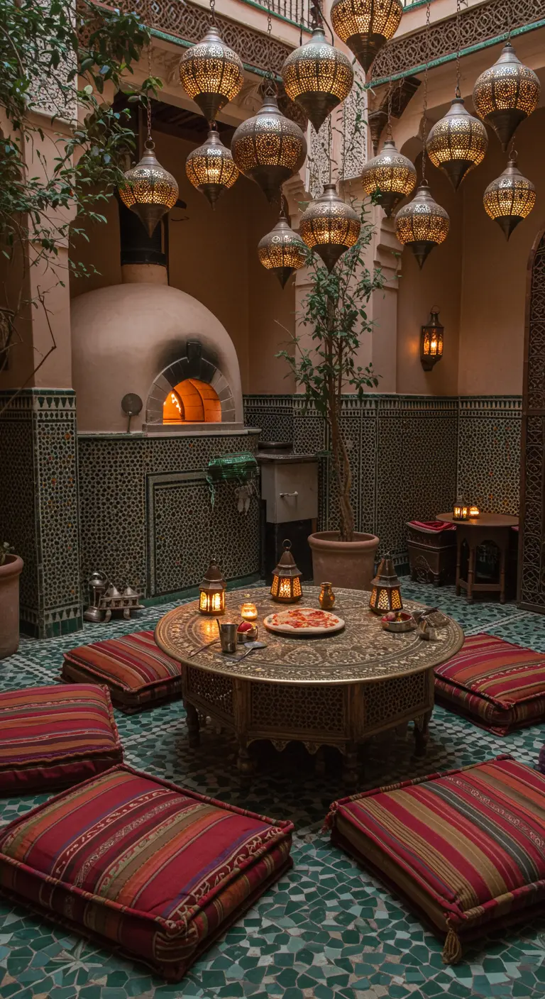 Cour de riad marocain avec four à pizza, carrelage et lanternes en métal.