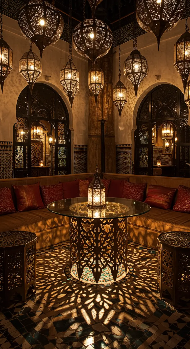 Table en métal ciselé dans un décor marocain avec de nombreuses lanternes.