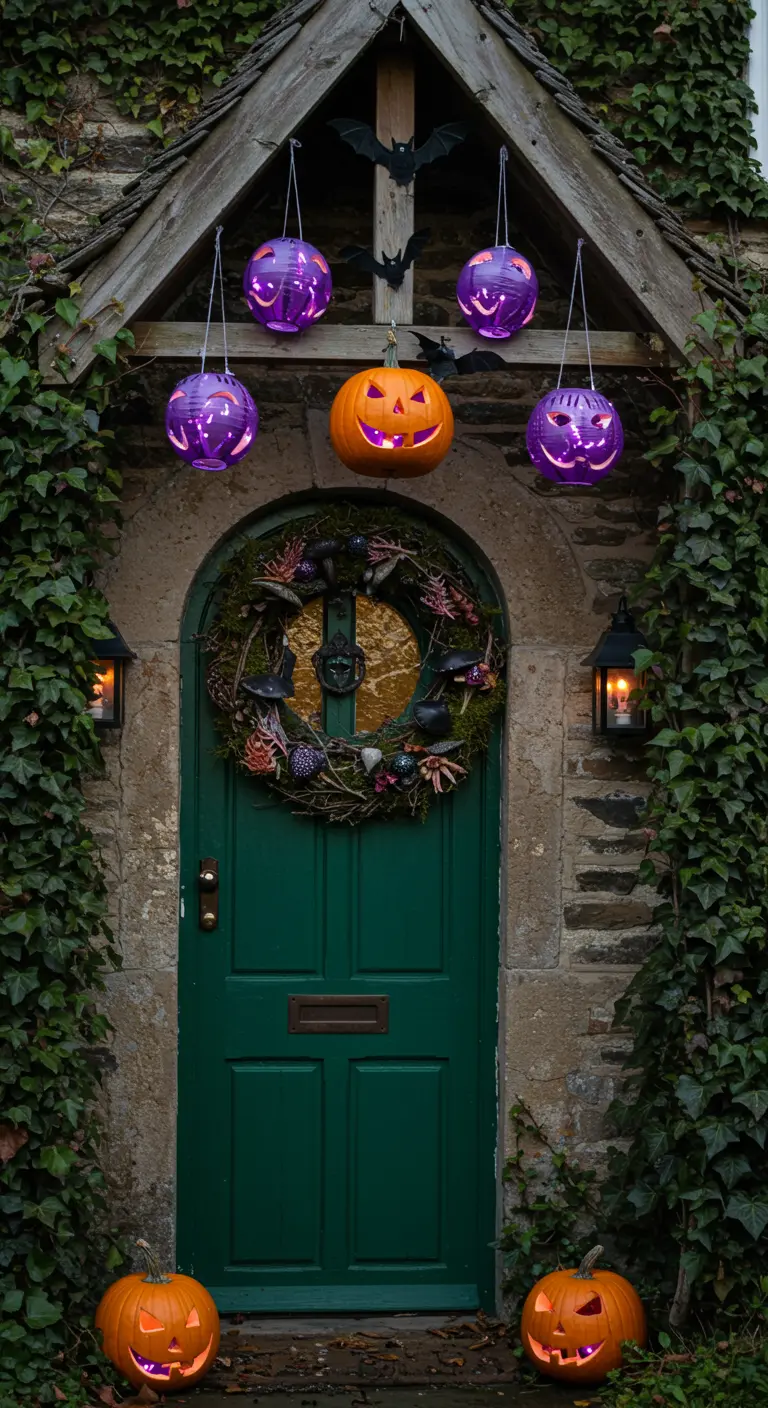 Porte verte avec couronne et lanternes violettes suspendues sous un porche.