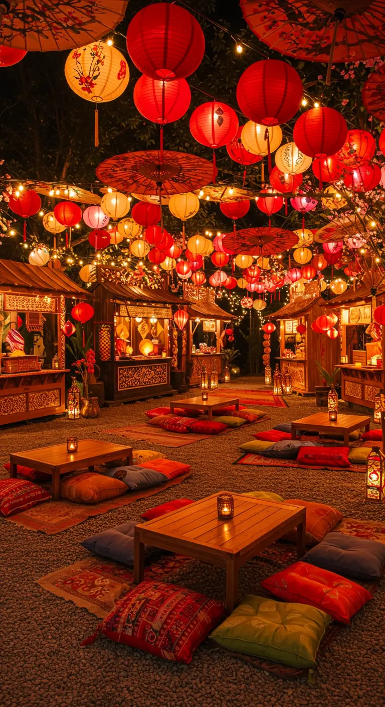 Marché de nuit asiatique illuminé par des lampions et ombrées, avec des tables basses et coussins de sol.