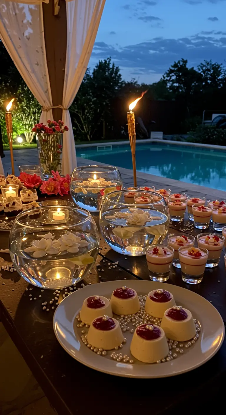 Buffet de soirée au bord de la piscine avec des bougies flottantes dans des bols en verre.
