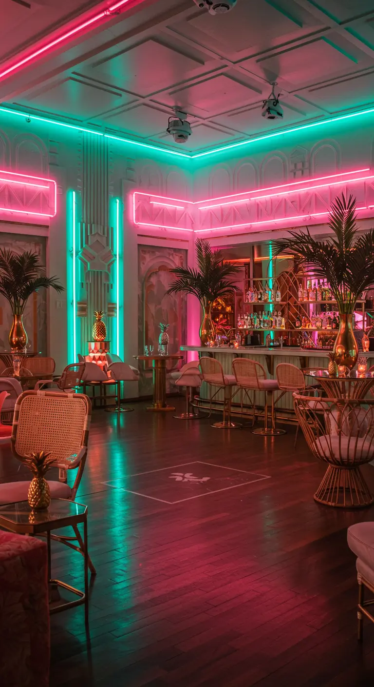 Bar intérieur avec un éclairage néon rose et turquoise, des palmiers et du mobilier en rotin.