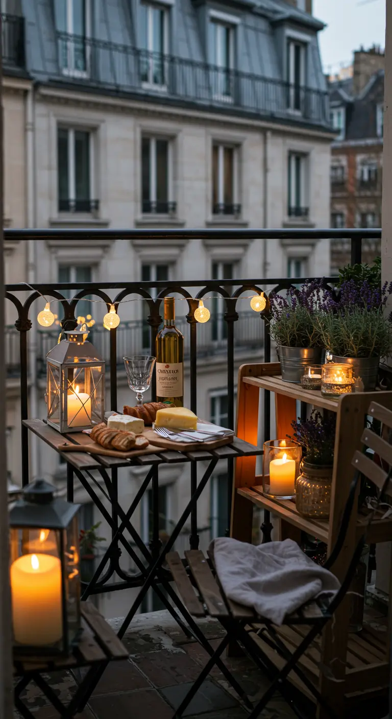 Balcon parisien la nuit avec une table de bistrot, des lanternes et des bougies.