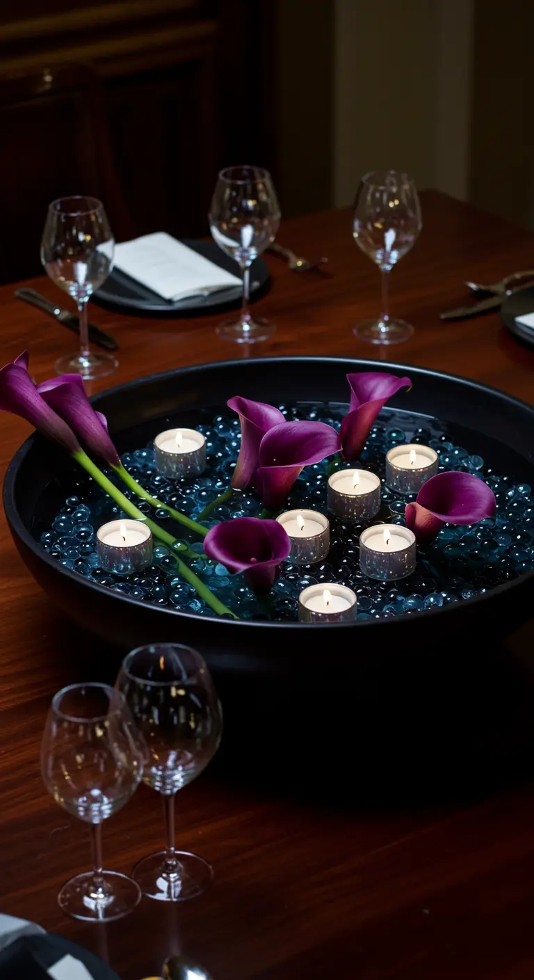 Composition florale dans un bol noir avec arums pourpres et bougies.