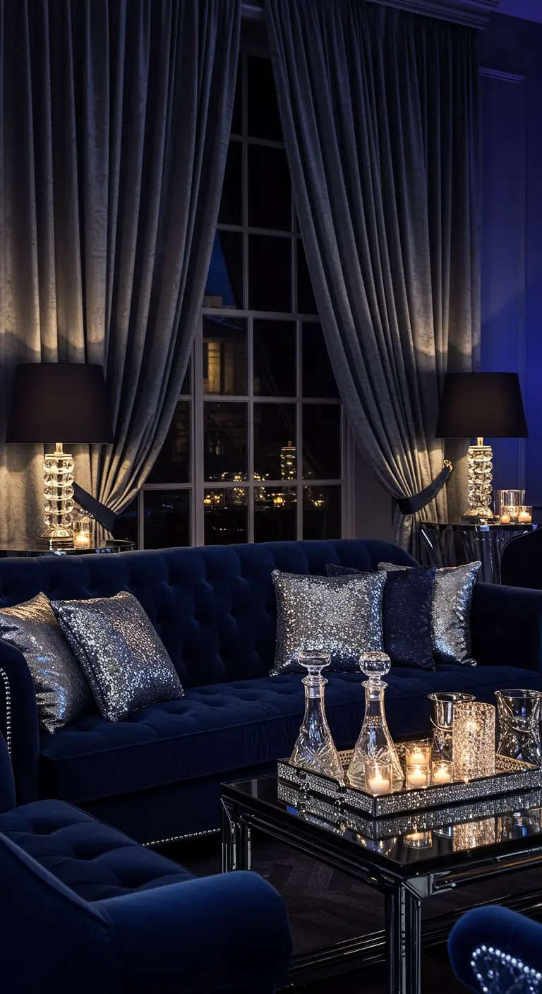 Un salon luxueux avec un canapé en velours bleu et des coussins à paillettes argentées.