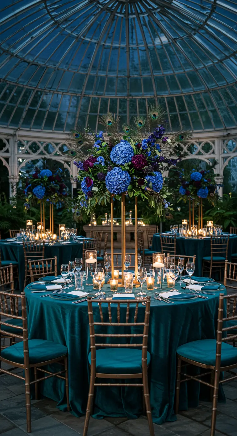Centre de table haut avec hortensias bleus et plumes de paon sur une nappe bleu canard.