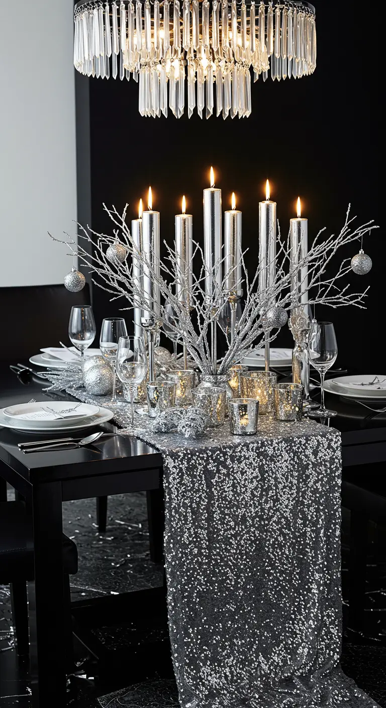 Table de fête moderne avec chemin de table à sequins argentés et branches.