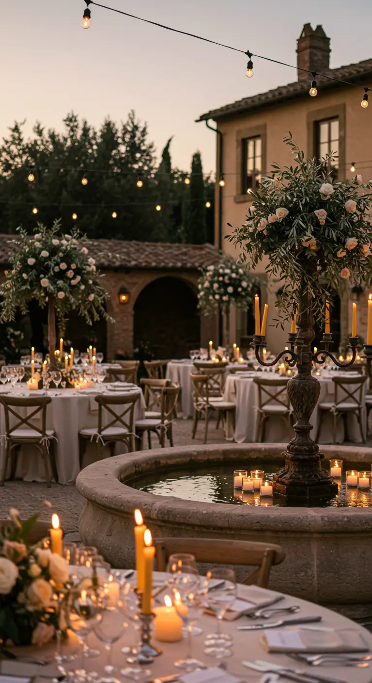 Cour italienne avec une fontaine remplie de bougies et des tables de réception fleuries.