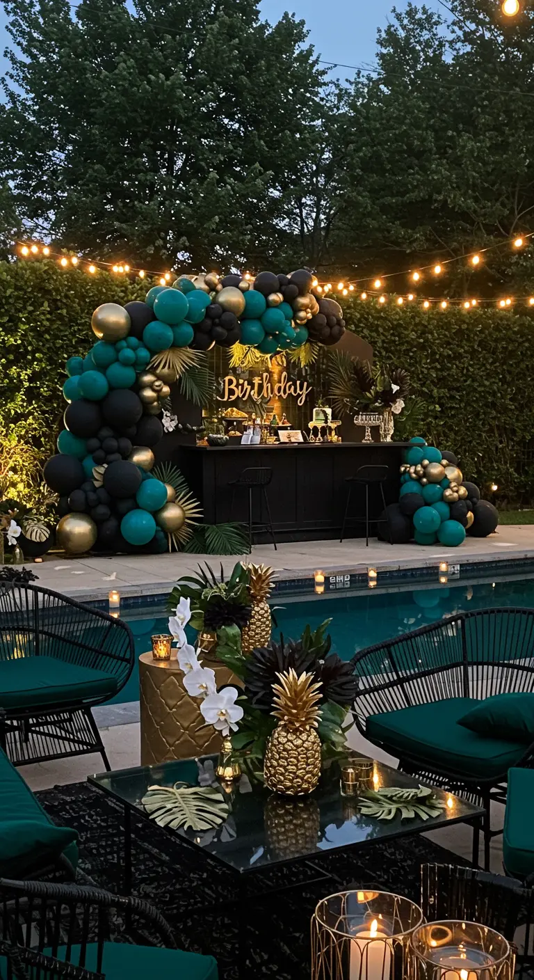 Soirée d'anniversaire chic au bord d'une piscine avec ballons noirs, turquoise et dorés.