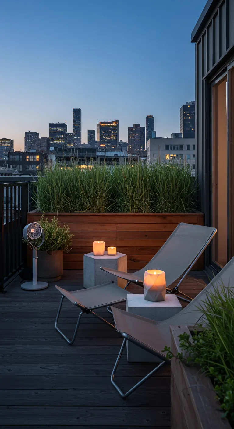 Terrasse sur le toit avec vue sur la ville, jardinières de graminées, chaises longues et bougies.