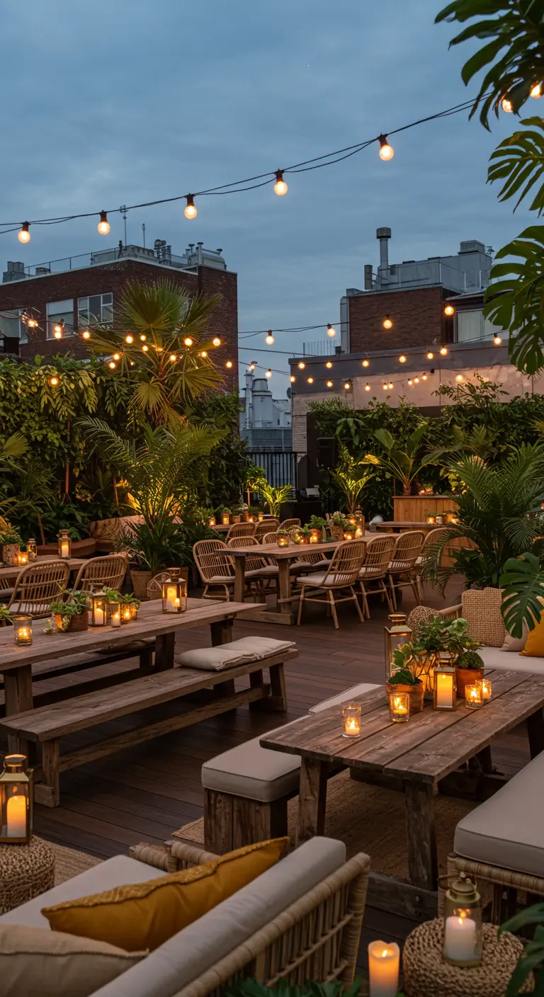 Terrasse sur le toit avec tables en bois, banquettes, plantes tropicales et guirlandes lumineuses au crépuscule.