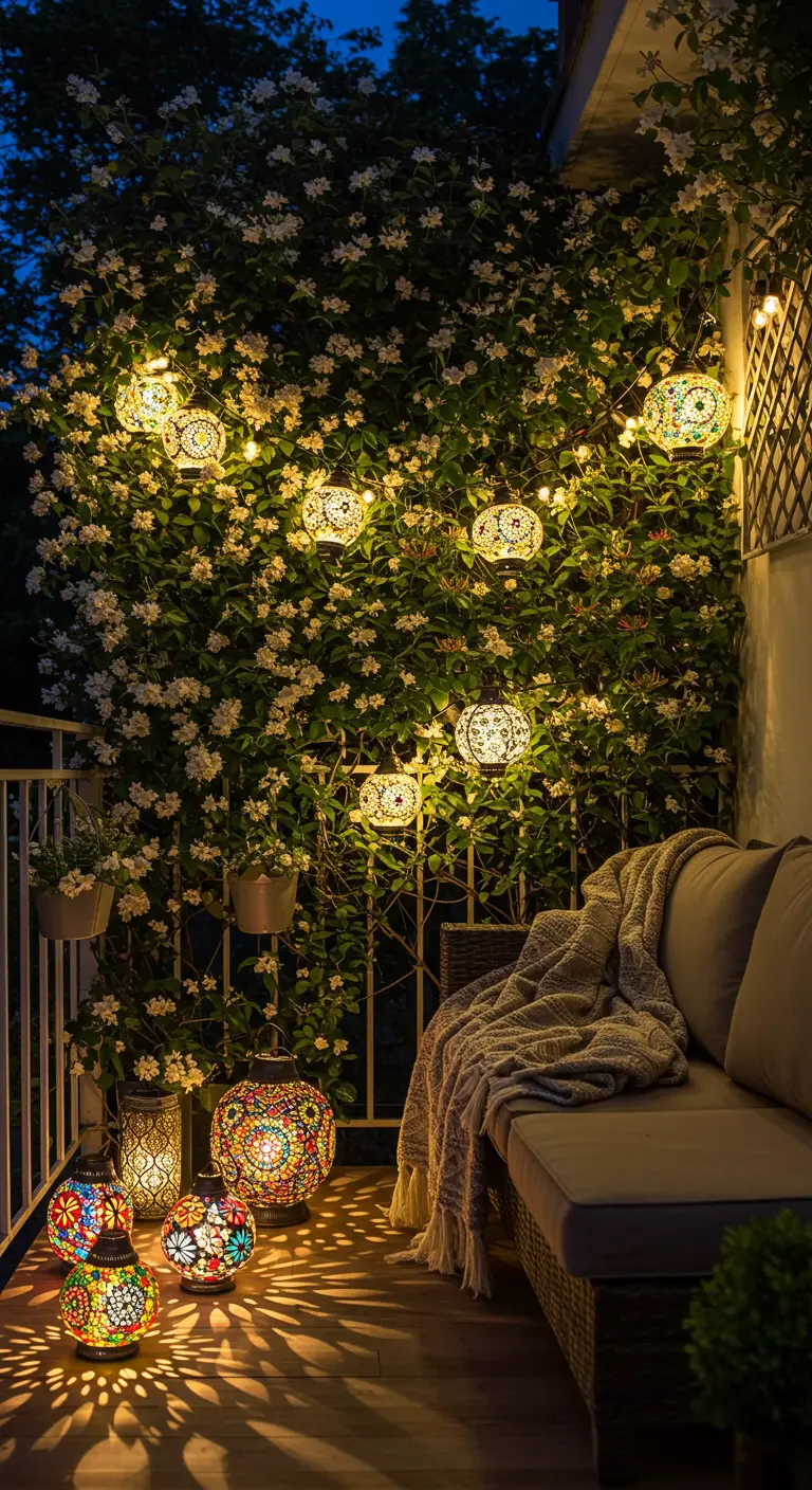 Mur végétal fleuri de jasmin, lanternes mosaïque lumineuses suspendues et posées, canapé d'extérieur